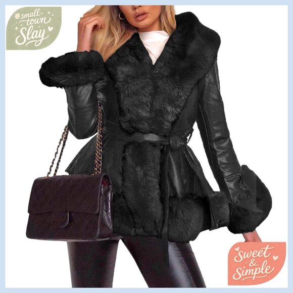 Faux Leather Jacket with Fur Collar Belted Winter Coat Women's Outerwear